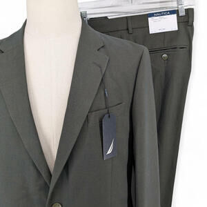 Nautica Men's Modern Fit 2 Piece Suit Jacket 42 L Pants 36x33 Olive Green Solid